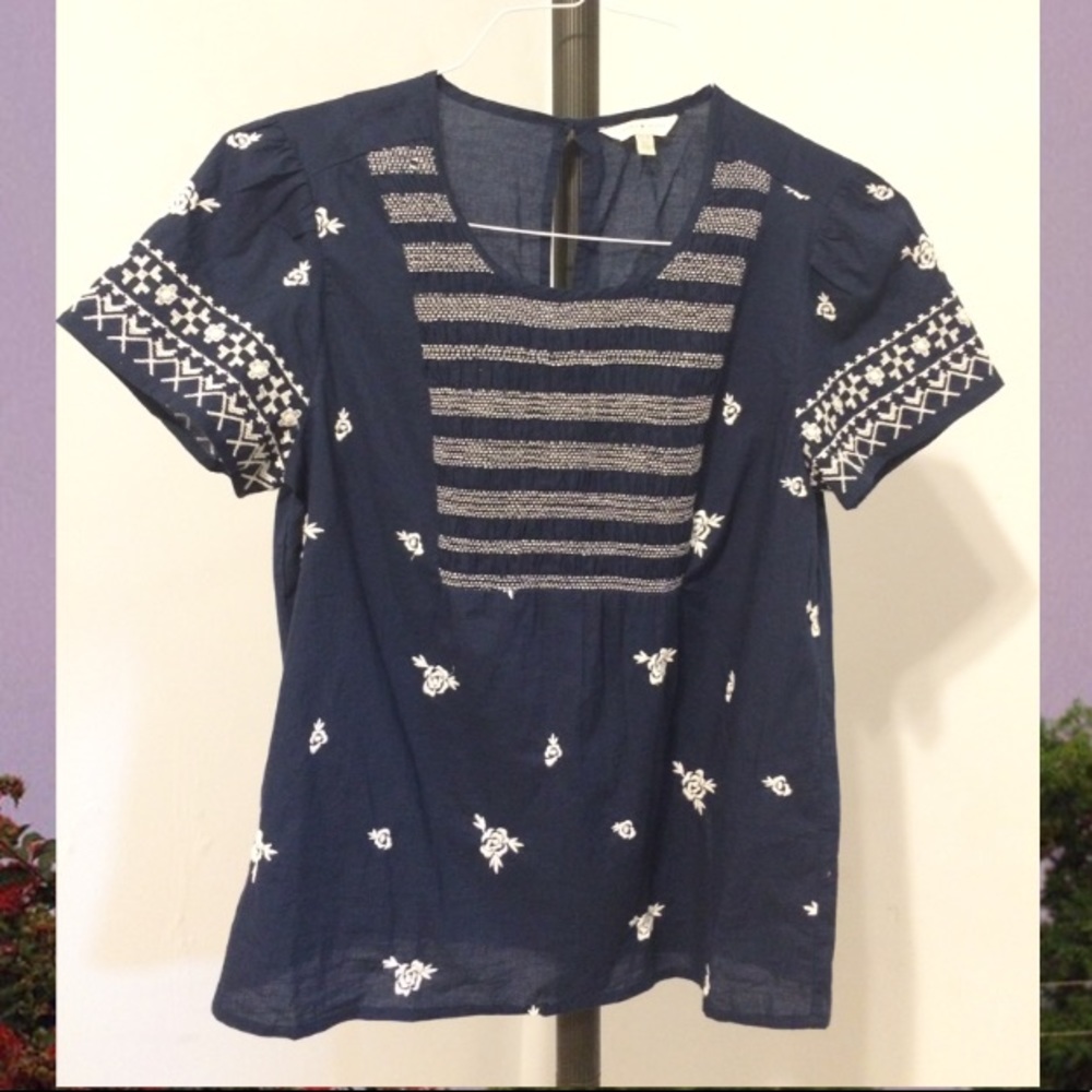 Embroidered Navy Blue Peasant Blouse